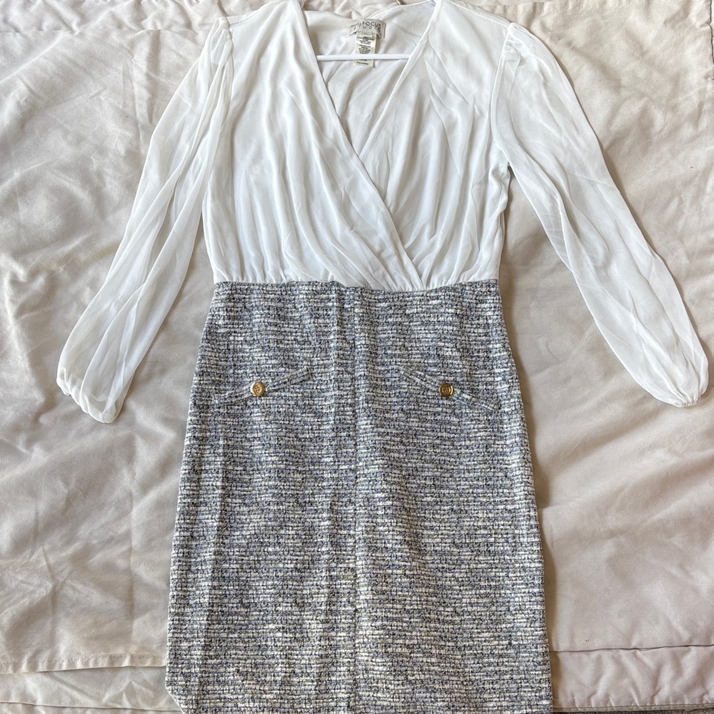 Chiffon Wrap-Front Blouse with Tweed Skirt Dress